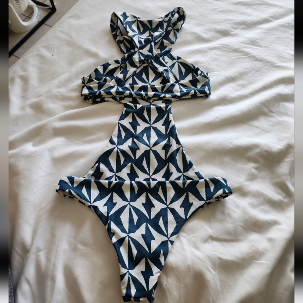 Mikoh Blue and White Cutout One-Piece Swimsuit - Picture 4 of 6